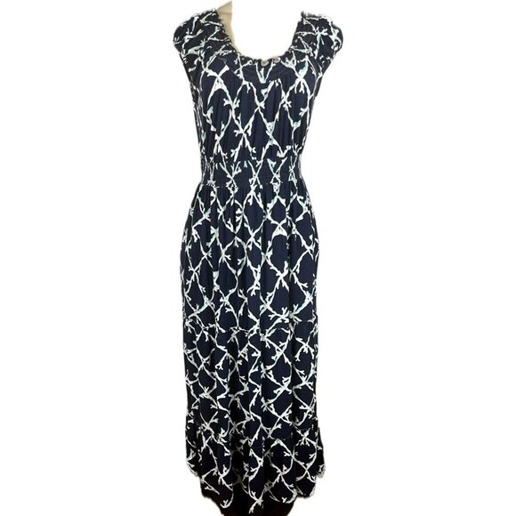 Croft & Barrow M Navy Print Shirred Scoop Neck Ruffle Tier Cap Sleeve Maxi Dress - Picture 2 of 6